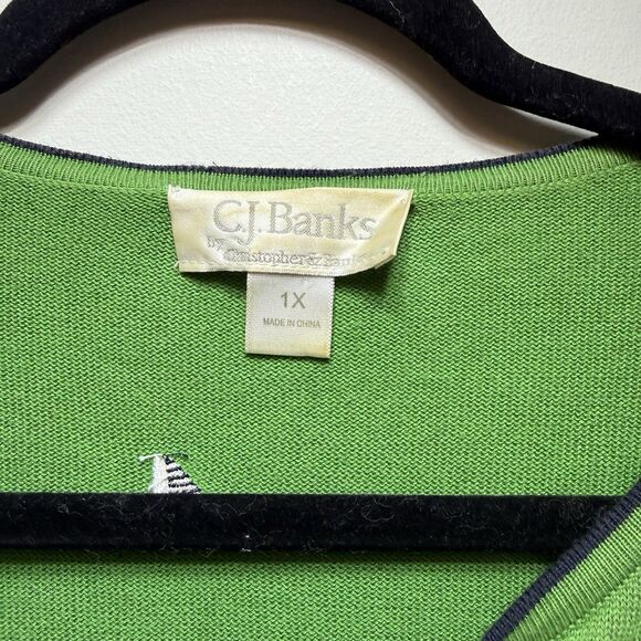 Vintage CJ Banks Cardigan 1X  Kelly Green Embroidered Sailboats Coastal Grandma - Picture 4 of 5